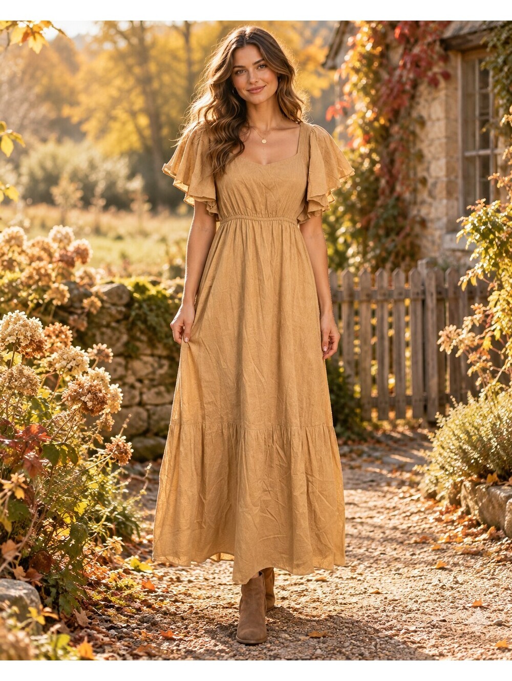 Sim & Sam Flutter Sleeve Cottage Maxi Dress Womens Small Tan 100% Cotton Boho
